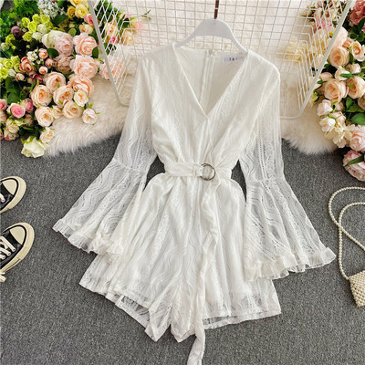 Γυναικείες ολόσωμες φόρμες από δαντέλα με μακριά μανίκια και ζώνη