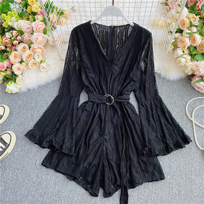 Γυναικείες ολόσωμες φόρμες από δαντέλα με μακριά μανίκια και ζώνη