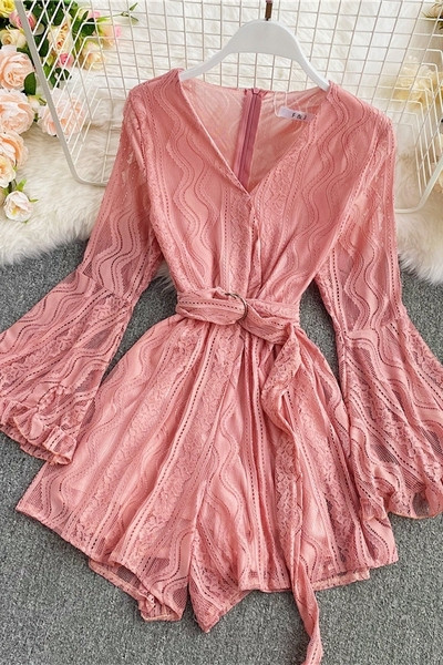 Γυναικείες ολόσωμες φόρμες από δαντέλα με μακριά μανίκια και ζώνη