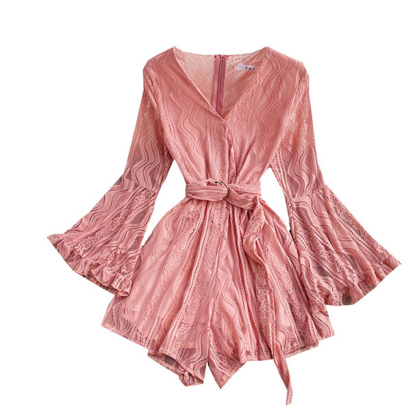 Γυναικείες ολόσωμες φόρμες από δαντέλα με μακριά μανίκια και ζώνη