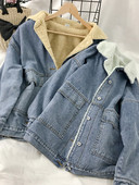 Női alkalmi farmer dzseki pehely és kapucnival