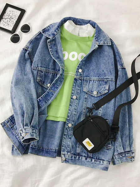 Női lezser hosszú farmerdzseki klasszikus gallérral