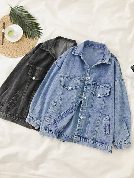 Női lezser hosszú farmerdzseki klasszikus gallérral