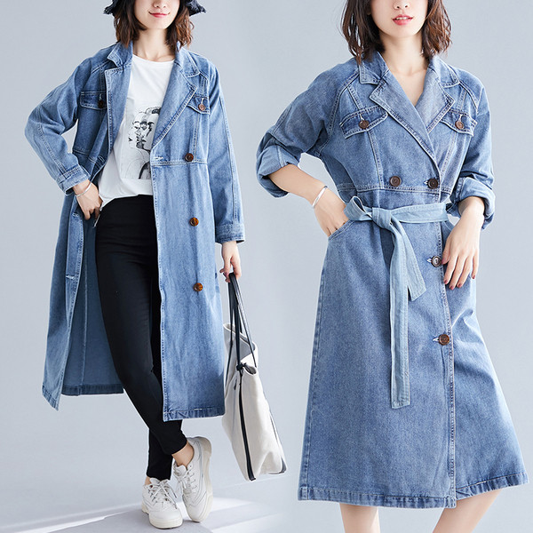 Pikk naiste teksajakk vöö ja nööpidega