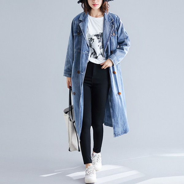 Pikk naiste teksajakk vöö ja nööpidega