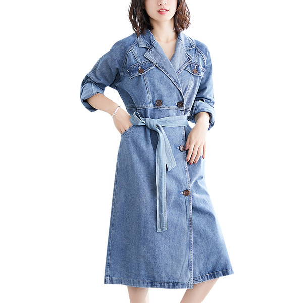 Pikk naiste teksajakk vöö ja nööpidega