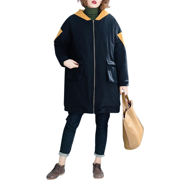 Női széles kabát kapucnival és cipzárral