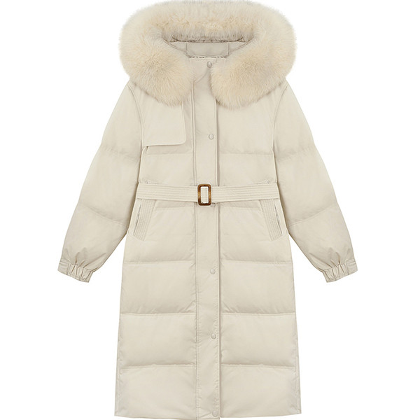 Téli hosszú női kabát derékövvel és kapucnival pehelyes