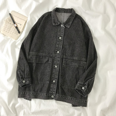 Pikk naiste teksajakk nööpide ja taskutega