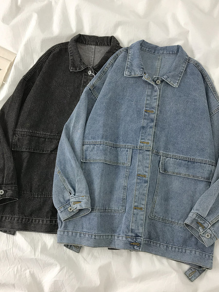 Pikk naiste teksajakk nööpide ja taskutega