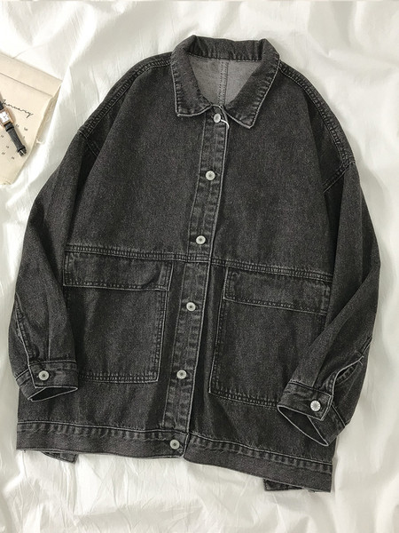 Pikk naiste teksajakk nööpide ja taskutega