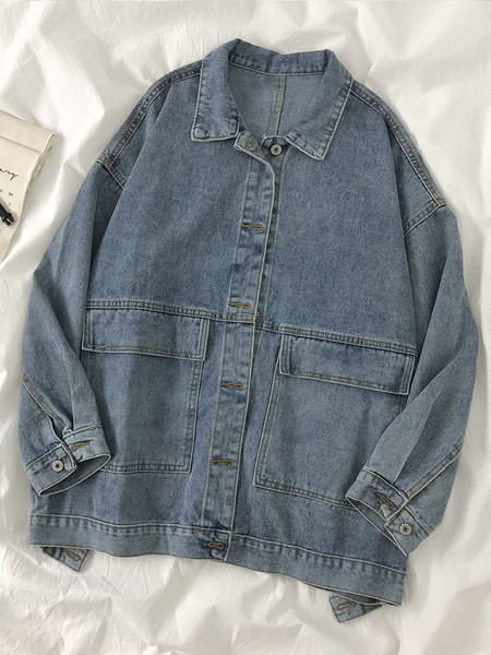 Pikk naiste teksajakk nööpide ja taskutega