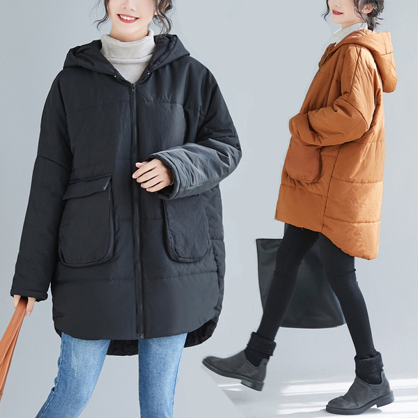 Γυναικείο ασύμμετρο μπουφάν με κουκούλα και τσέπες