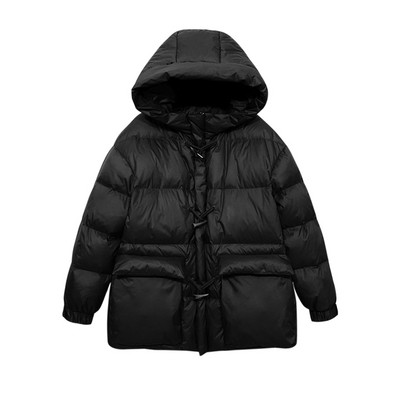 Női téli kabát széles modell kapucnival és gombokkal