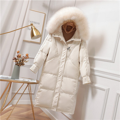 Női téli hosszú kabát kapucnival és pehellyel