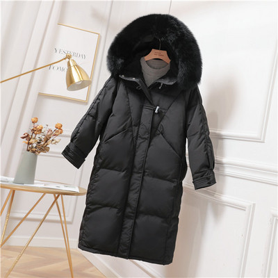 Női téli hosszú kabát kapucnival és pehellyel