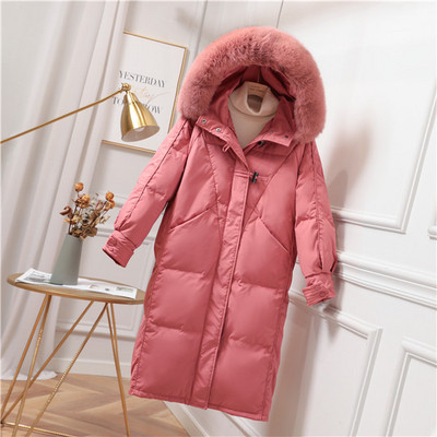 Női téli hosszú kabát kapucnival és pehellyel