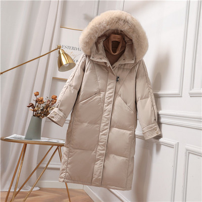 Női téli hosszú kabát kapucnival és pehellyel
