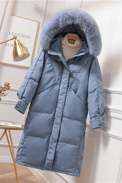 Női téli hosszú kabát kapucnival és pehellyel