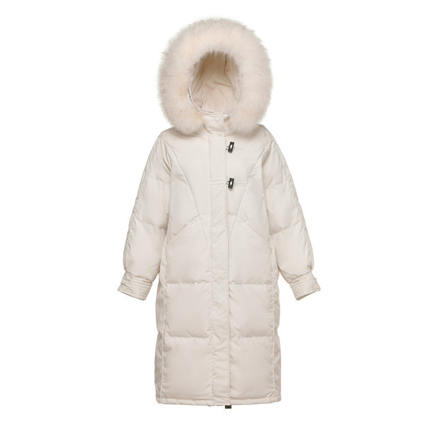 Női téli hosszú kabát kapucnival és pehellyel