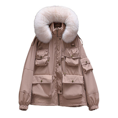 Női, alkalmi kabát széles modell, pehely kapucnival és zsebekkel