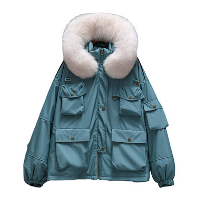 Női, alkalmi kabát széles modell, pehely kapucnival és zsebekkel