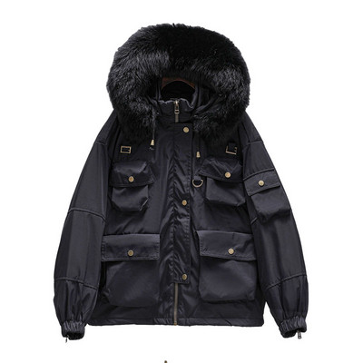 Női, alkalmi kabát széles modell, pehely kapucnival és zsebekkel