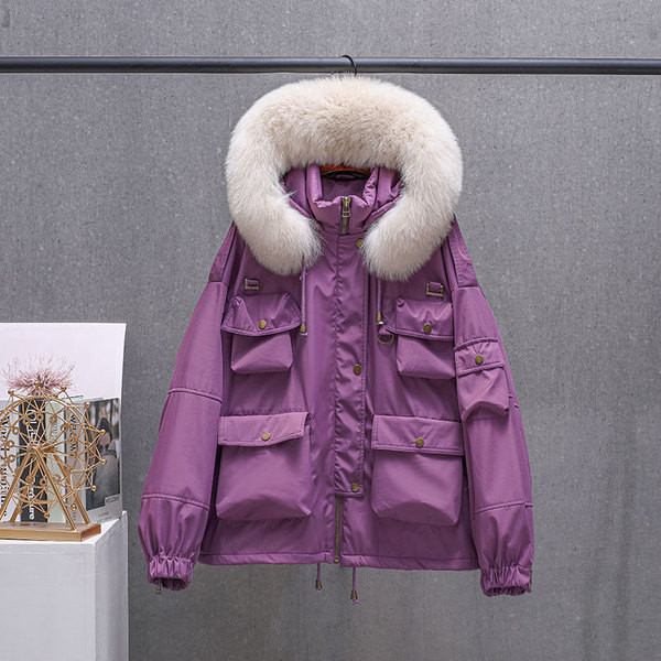 Női, alkalmi kabát széles modell, pehely kapucnival és zsebekkel