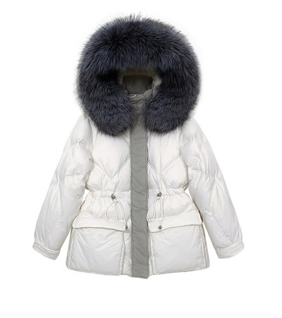 Női téli kabát elasztikus derékkal és kapucnival