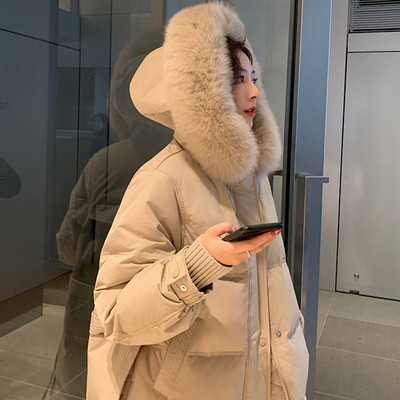 Γυναικείο χειμερινό μπουφάν με ζώνη και κουκούλα - μακρύ μοντέλο