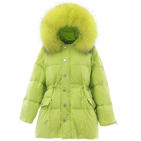 Női téli kabát elasztikus derékkal és kapucnival