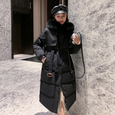 Γυναικείο μακρύ χειμερινό μπουφάν με ζώνη και κουμπιά