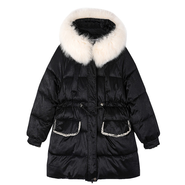 Női téli kabát derékban megkötővel és zsebekkel