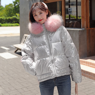 Naiste talve lühike jope värviliste sule ja taskutega - asümmeetriline mudel