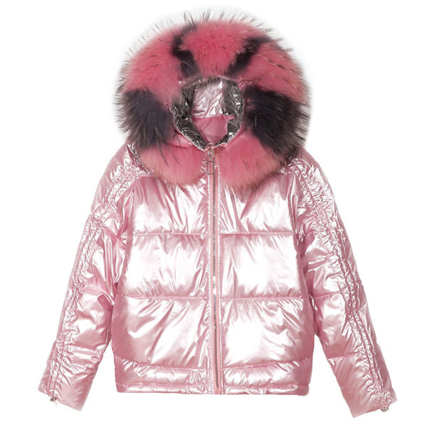 Naiste talve lühike jope värviliste sule ja taskutega - asümmeetriline mudel