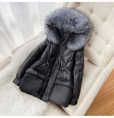 Új modell női téli kabát derékkötővel és kapucnival