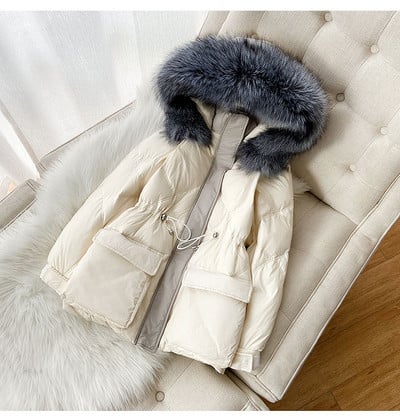 Új modell női téli kabát derékkötővel és kapucnival