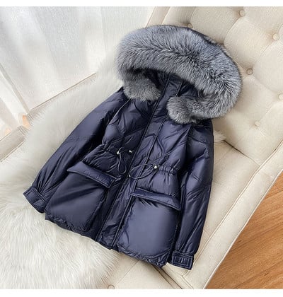 Új modell női téli kabát derékkötővel és kapucnival