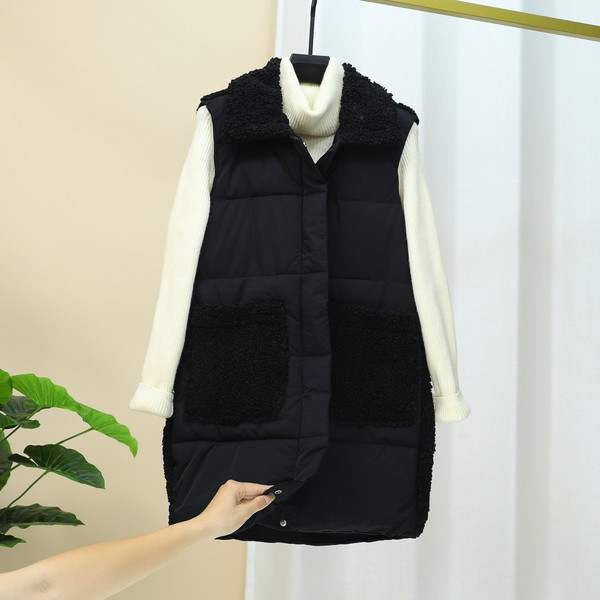 Hosszú női mellény pehellyel és gombokkal