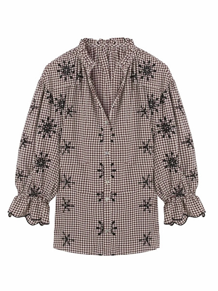 Női kockás ing hímzéssel és spitz nyakkivágással
