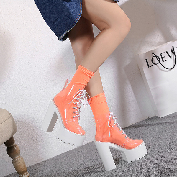 Läbipaistvad naiste saapad paelte ja paksu kontsaga-14 cm