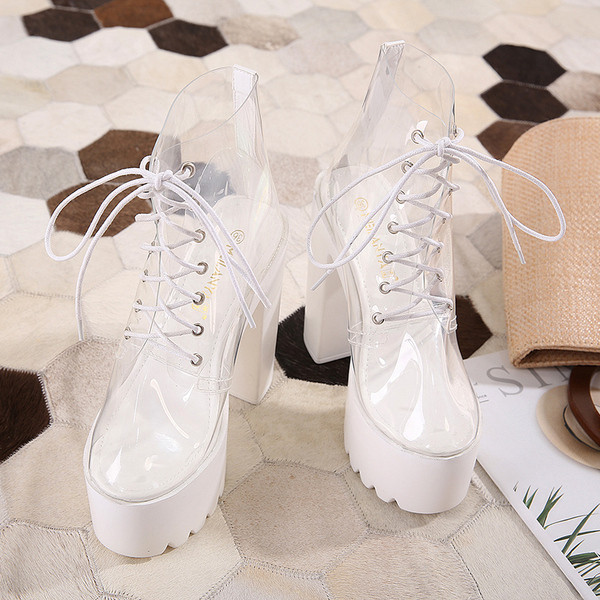 Läbipaistvad naiste saapad paelte ja paksu kontsaga-14 cm