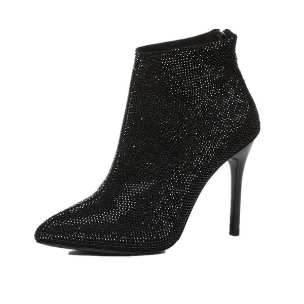 Γυναικείες μαύρες μπότες  μυτερό μοντέλο με διακοσμιτικές  πέτρες και ψηλ'ο τακούνι