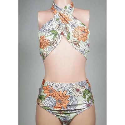 Κομψό κυρίες μαγιό από δύο μέρη με υψηλή μέση και μοτίβα λουλουδιών